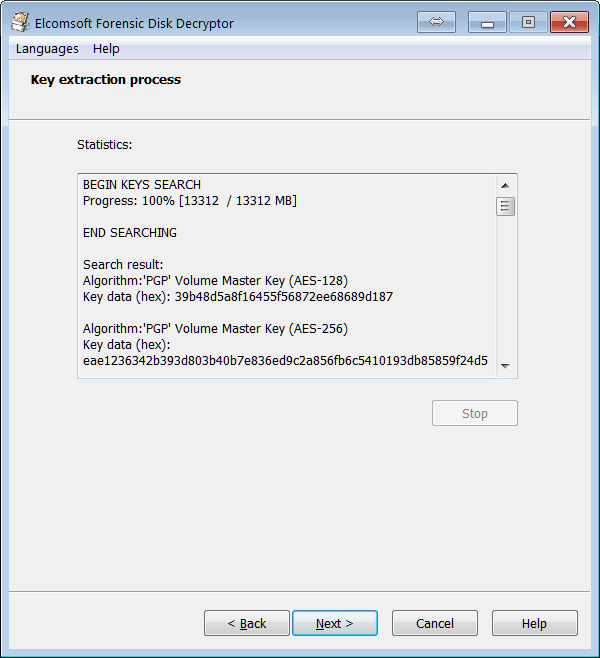 Elcomsoft Forensic Disk Decryptor key extraction process